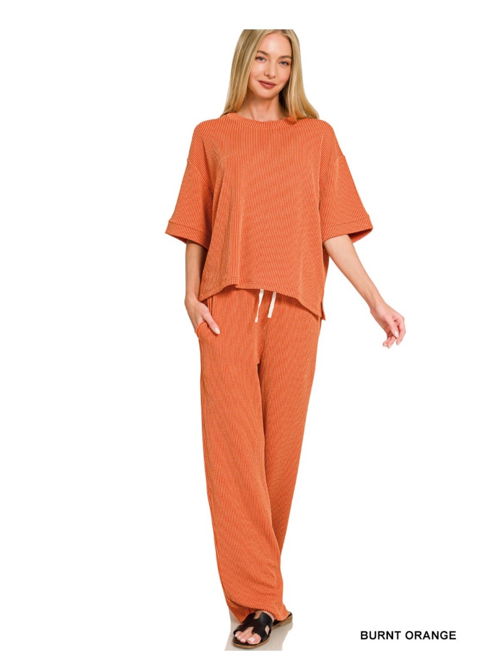 ZENANA RAISED RIB SHORT SLEEVE TEE & PANTS SET RTLRPL-8608Y